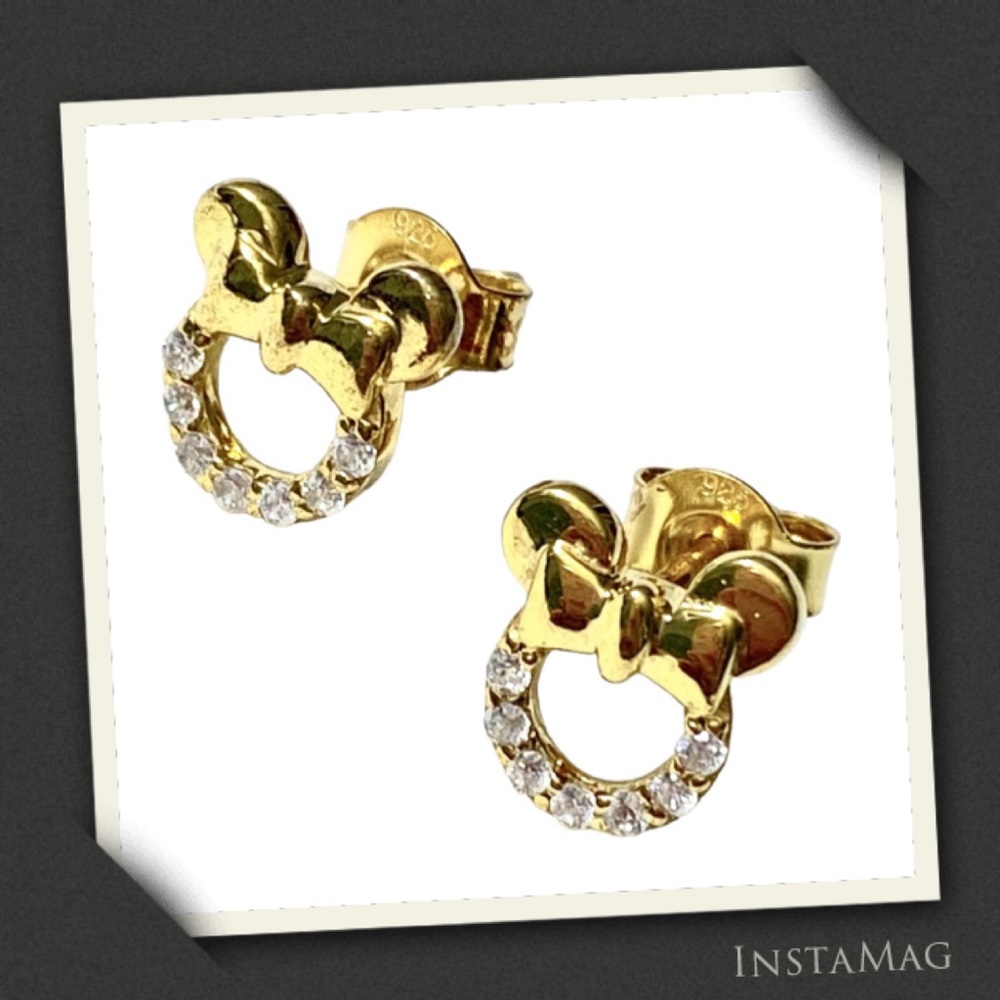 MINNIE MOUSE 14K Gold Plated Sterling Silver Simulated Diamond Stud Earrings
